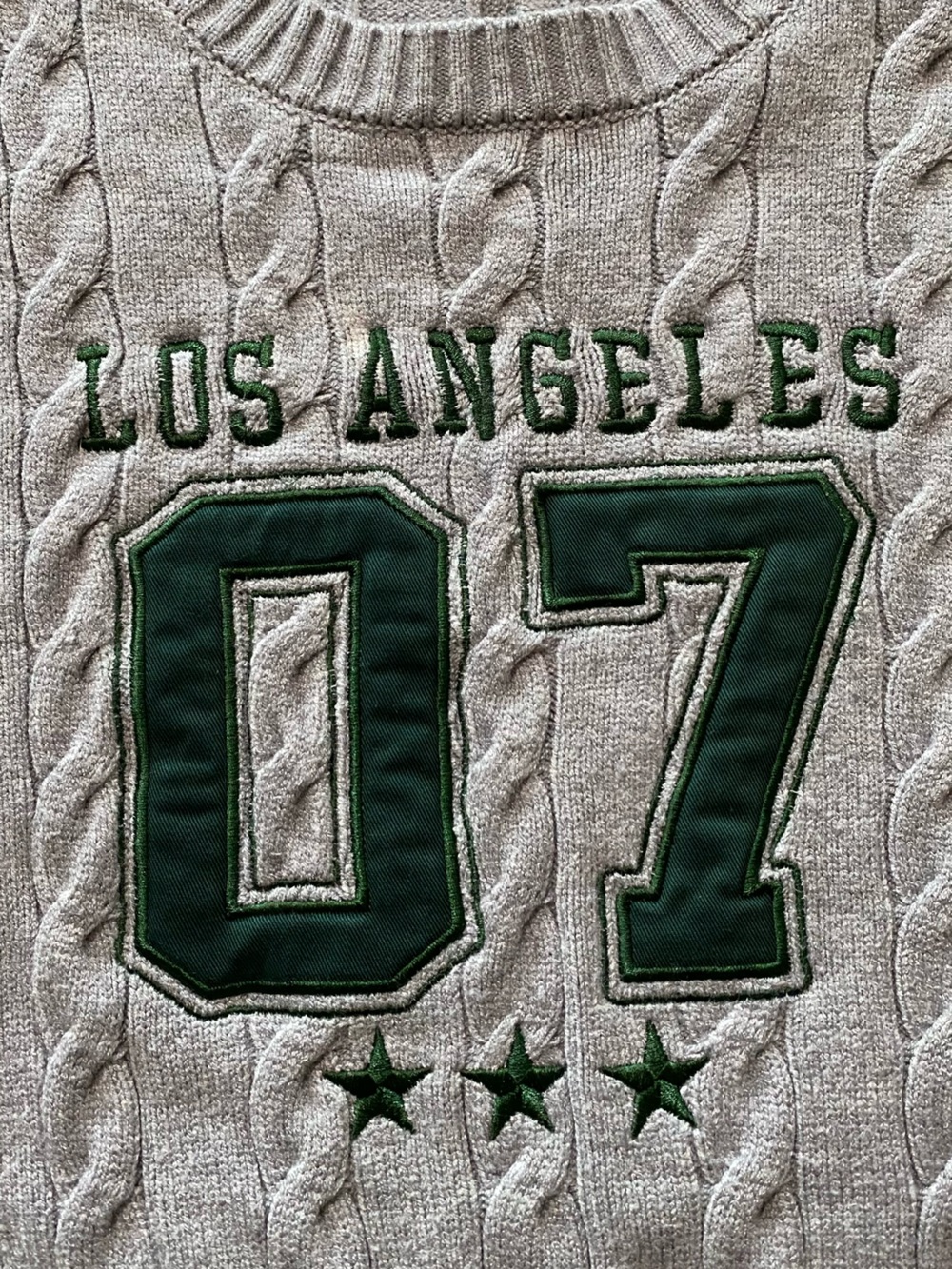 Faded  Rose Los Angeles 07 Cable Knit Cropped Sweater - Gray with Green Applique - Picture 5 of 9